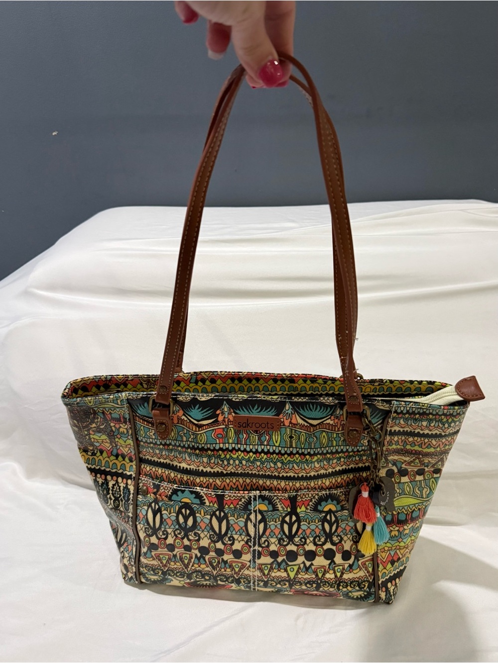 Sakroots Women's Metro Tote Bag Canvas Multicolor Elephant Charm Artist Circle
